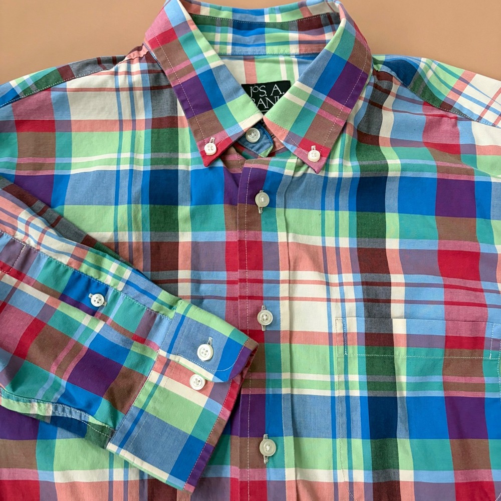 JOS A BANK Mens L Executive Collection Plaid Button Down Shirt Tailored Fit